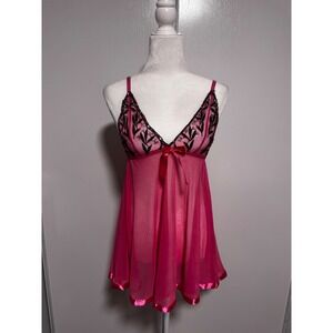Sheer Hot Pink Babydoll‎ Lingerie Nightgown Sequin Lace Bow Medium Womens